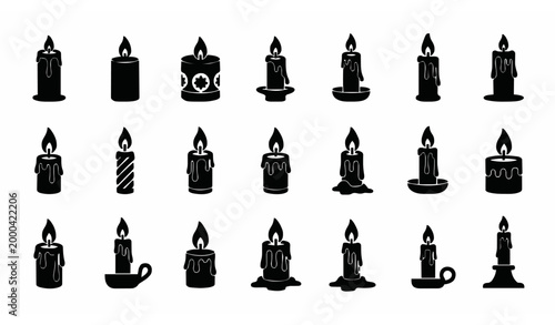 Candle silhouette icon set with burning candles wax shapes and decorative candle holder vector collection