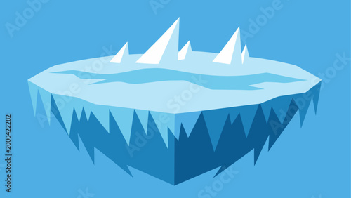 Iceberg floating on calm blue water with mountain peaks
