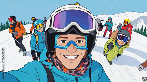 Group of Skiers Taking a Selfie on Snowy Mountain Slope