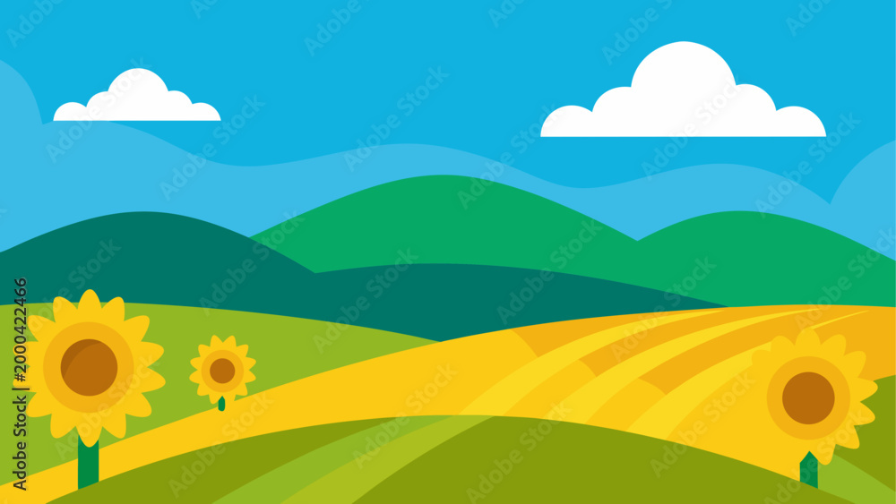 Fototapeta premium Sunflower field under blue sky with green hills in summer