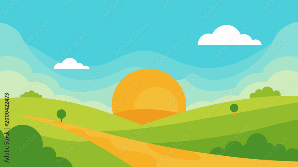 Obraz premium Sunset over green hills and road in countryside landscape