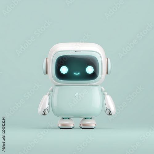 Friendly small robot with glowing eyes on soft background. AI-generated.