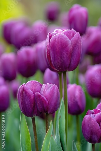 Vibrant Purple Tulips Blooming in a Lush Garden Field.