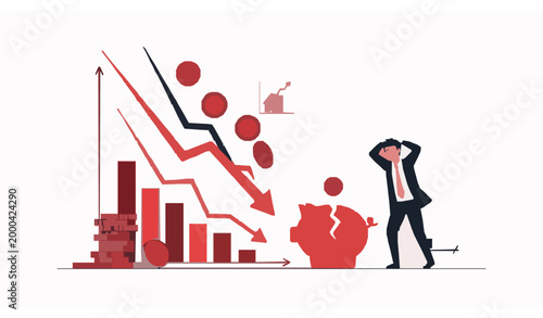 Business Crisis Concept with Falling Graph Broken Piggy Bank and Stressed Man