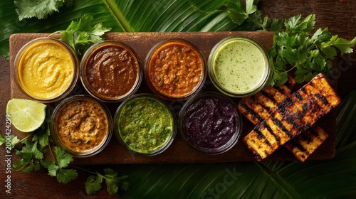 Assortment of vibrant Indian chutneys and sauces served with grilled paneer