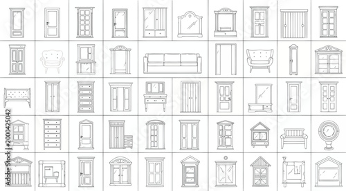 Set of doors and furniture icons for interior design