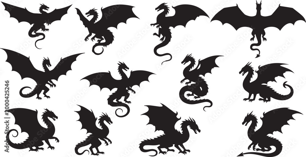 Fototapeta premium Dragon Silhouette Set, Flying Fantasy Creature Icons Vector