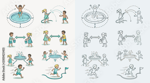 Illustrations depicting children engaging in various outdoor summer activities, emphasizing safe social distancing and personal space.