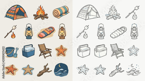 Collection of colorful and monochrome camping and beach-themed illustrations, featuring tents, campfires, sleeping bags, lanterns, chairs, coolers, and beach elements like starfish and waves.