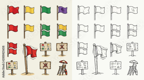 Photos Collection of colorful flags, beach signs, and lifeguard equipment, presented in both colored and sketch styles
