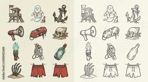 Fotografía A collection of spooky and nautical-themed icons, featuring a ghost, lifeguard tower, anchor, skull, and other related elements, presented in both colored and sketch versions