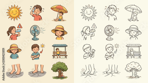Illustrations depicting various ways to stay cool and avoid heatstroke during hot summer weather, showing people seeking shade, using fans, and drinking water.