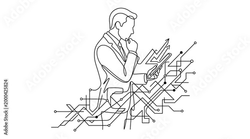 Continuous line art of a business man analyzing digital growth charts.