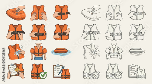 Step-by-step illustration of how to properly wear and secure a life jacket, including inflation and safety checks.