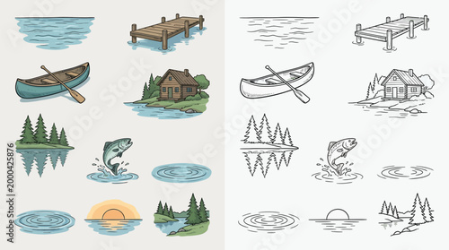 фотографія Collection of hand-drawn illustrations depicting a serene lakeside scene with elements like a canoe, fishing, a cabin, and natural landscapes