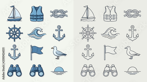 Collection of nautical and maritime themed icons presented in two styles, one colored and one outlined, for design and illustration purposes.