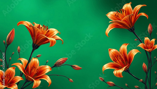 Orange lilies on a green