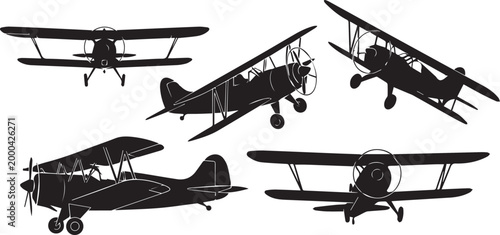 Vintage Biplane Silhouette Icon Set Retro Airplane Vector
