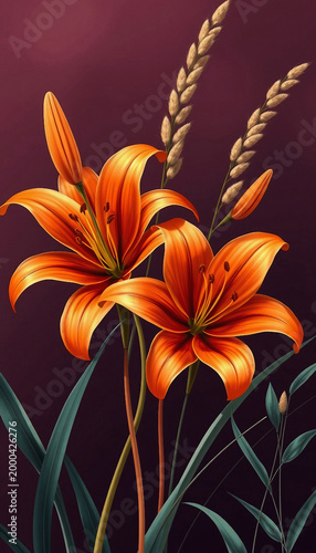 Orange lilies on a dark purple background. Smartphone wallpaper