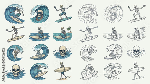 Принти на полотні A collection of stylized illustrations featuring skeletons surfing on waves and standing on surfboards, some with skulls incorporated into the ocean waves