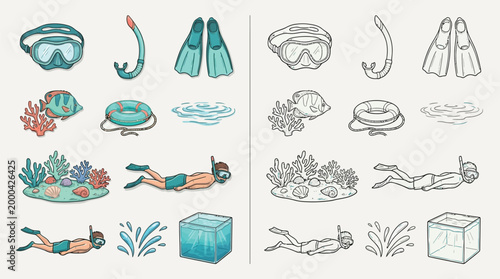 Collection of colorful and monochrome illustrations depicting snorkeling and underwater activities, including divers, marine life, and equipment.