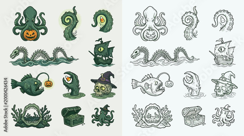 Collection of whimsical, spooky, and mysterious sea creatures and objects, presented in both colored and line-art versions, perfect for Halloween or fantasy themes.