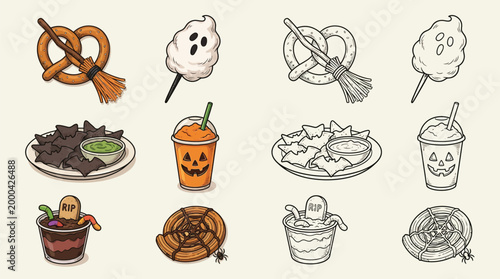 A collection of Halloween-themed treats and drinks, including pretzels, cotton candy, nachos, spooky beverages, and worm-infested desserts, presented in both color and black and white.