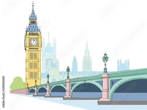 Vector illustration of the Big Ben clock tower and Westminster Bridge in London, United Kingdom.