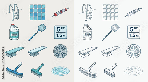 Collection of colorful and grayscale illustrations depicting swimming pool equipment and accessories for maintenance and recreation.