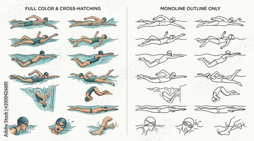 Comprehensive visual guide illustrating various swimming strokes and techniques with both full color and monoline outline styles.