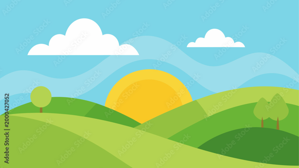 Fototapeta premium Sunset over green hills with fluffy white clouds in blue sky