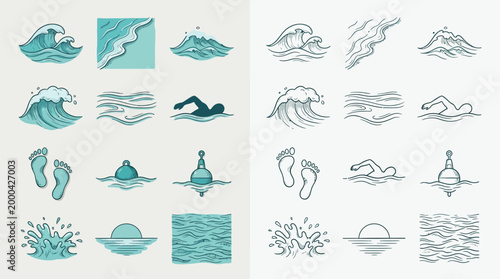 Collection of stylized illustrations depicting various water-related elements and activities, including waves, swimmers, and buoys.