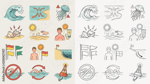Collection of beach safety icons illustrating waves, jellyfish, sun exposure, flags, and swimming warnings.