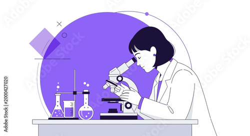 Scientist looking through microscope in laboratory with beakers and test tubes