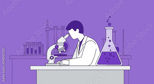 Scientist looking through microscope in laboratory with purple liquid in flask