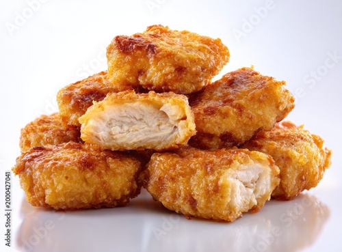 Crispy golden chicken nuggets stacked high on a white surface.