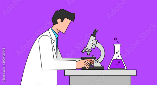 Scientist looking through microscope next to flask with purple liquid, illustration