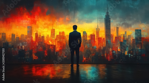 businessman is seen from behind, Standing tall against panoramic view