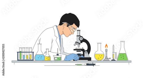 Scientist looking through microscope in laboratory with scientific equipment