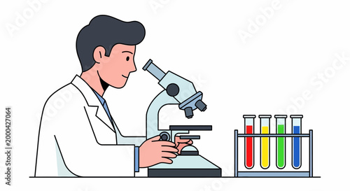 Scientist looking through microscope, colorful test tubes in rack, laboratory research concept