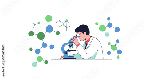 Scientist looking through microscope surrounded by molecular structures, research and discovery concept