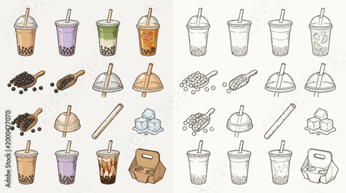 Collection of colorful and monochrome illustrations of bubble tea ingredients and drinks, including cups, tapioca pearls, scoops, straws, ice cubes, and packaging.