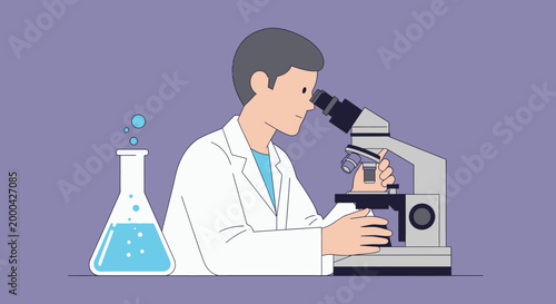 Scientist looking through microscope, laboratory flask with blue liquid, research concept