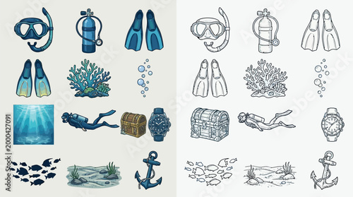 Collection of colorful and line-art illustrations depicting scuba diving equipment, marine life, and underwater scenes.