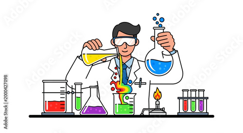 Scientist pouring colorful liquids in laboratory, science experiment, chemistry research