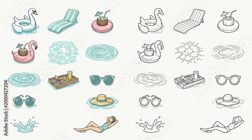 A collection of charming, hand-drawn illustrations depicting various elements associated with a relaxing day by the pool or at the beach.