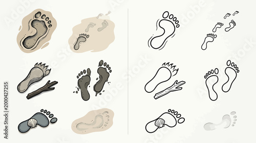 Collection of diverse footprint illustrations showing various textures, sizes, and styles, including animal tracks and human steps.