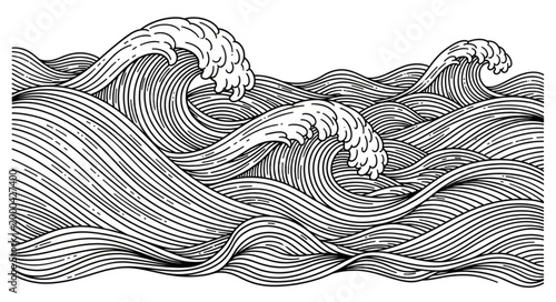 Vintage illustration of powerful ocean waves crashing.