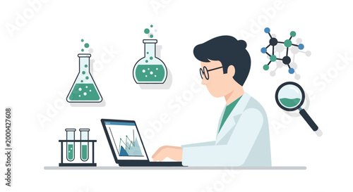Scientist working on laptop with lab equipment, molecules, and magnifying glass