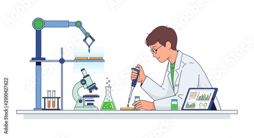 Scientist working with automated lab equipment and microscope, advanced research